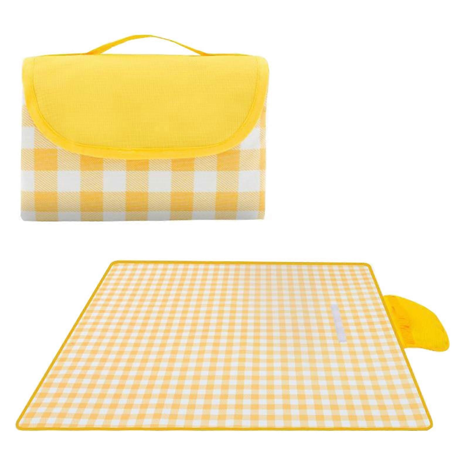 Portable Picnic Blankets, Foldable Waterproof Sandproof, with Tote, for Camping Beach Travel Hiking Grass(Yellow grid,60 * 80inch)