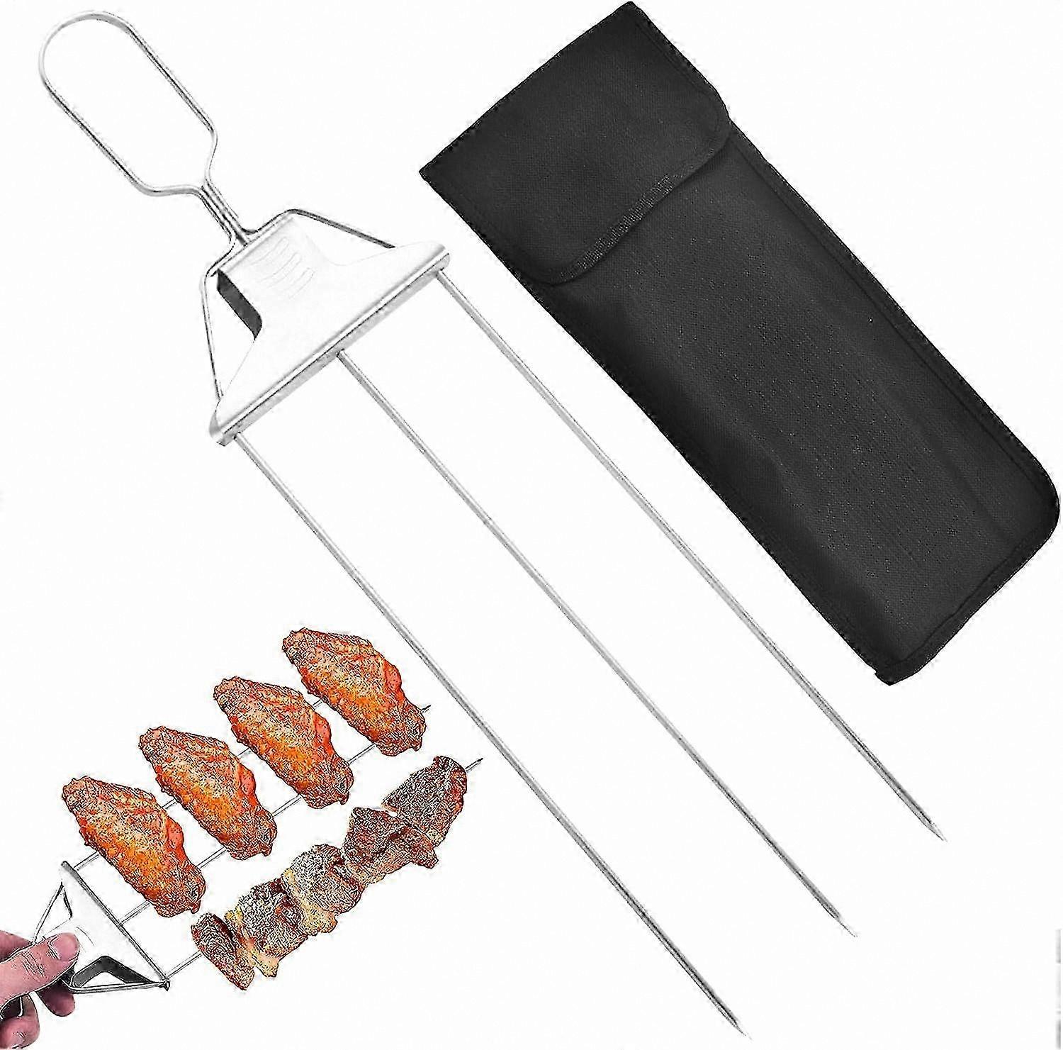 3-Prong BBQ Skewers for Grilling, Durable Stainless Steel Rotating Grill Skewers with Push Bar Slider for Outdoor Cooking