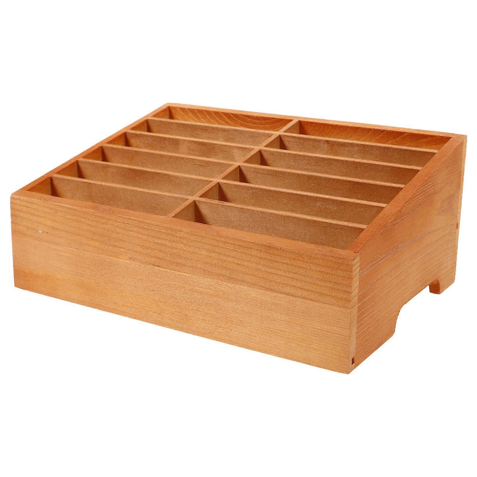 Light Brown Wood MultiFunctional Desktop Mobile Phone Organizer for Storage Use, Compact Design, 12Grid