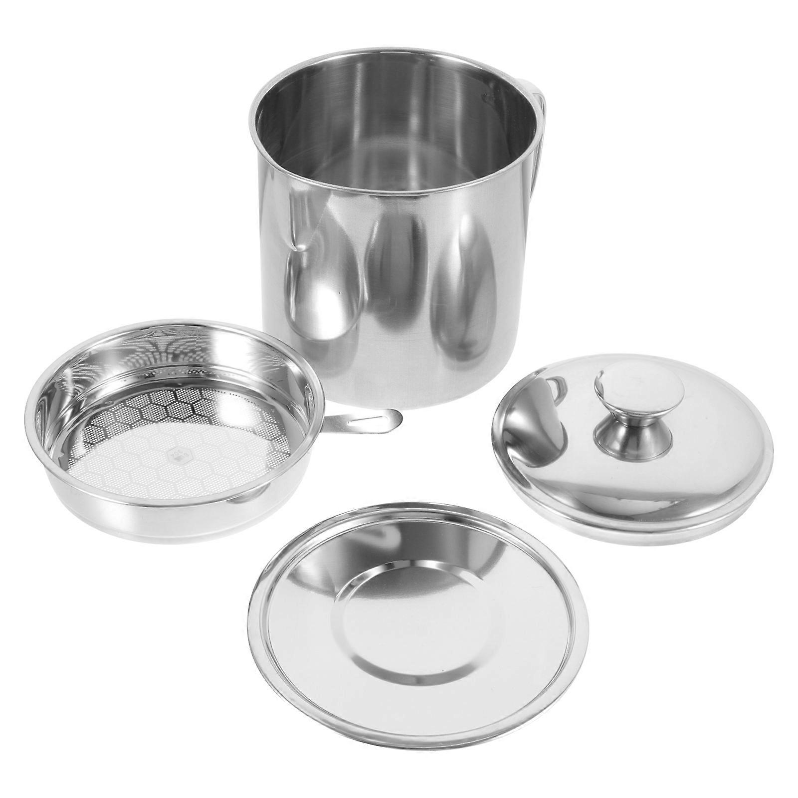 Stainless Steel Oil Strainer Pot for Filtering Oil with Lid and Base Tray
