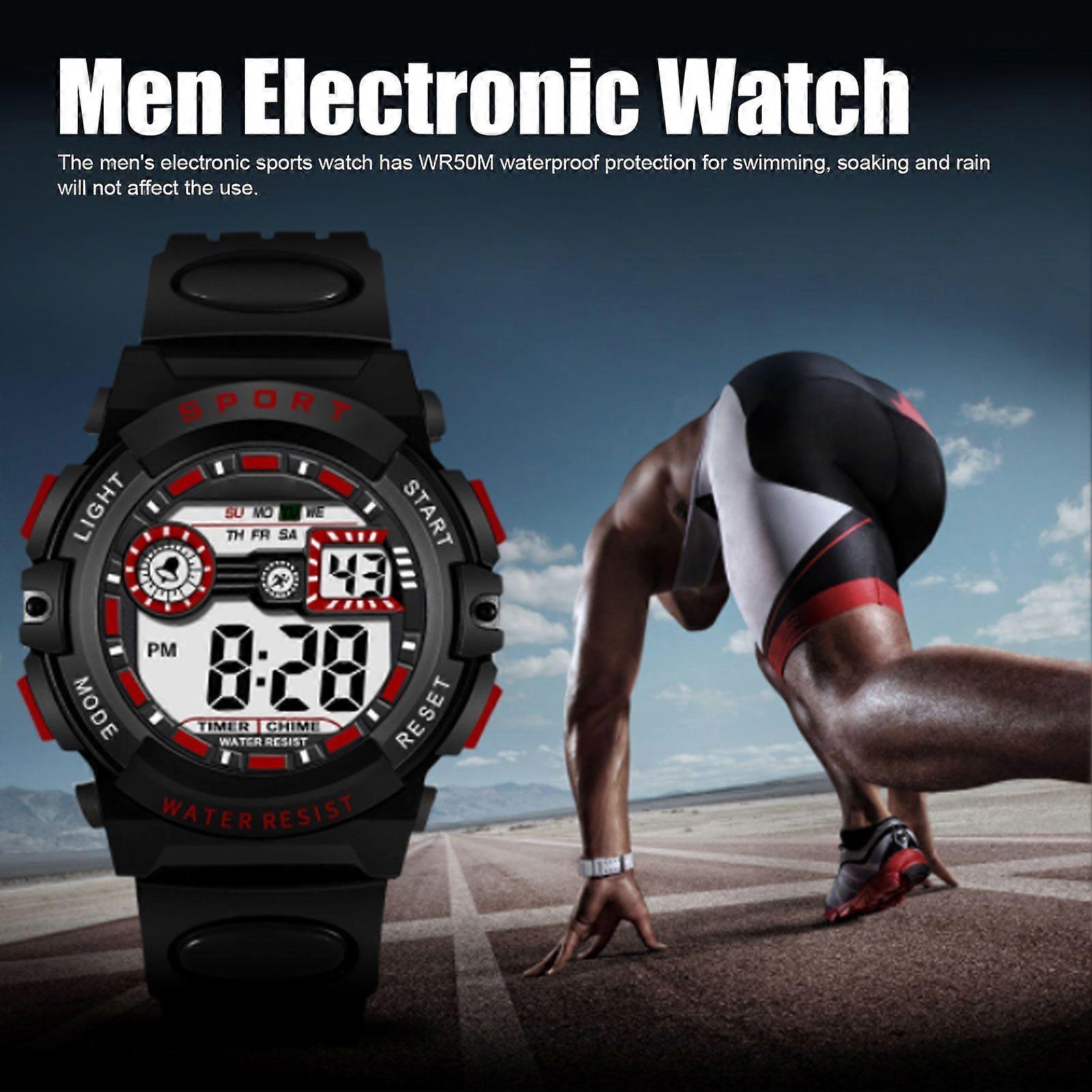 Men Electronic Watch WR50M Waterproof Multi Functional Digital Sports Watch with Luminous Light Alarm for Swimming Black with Red