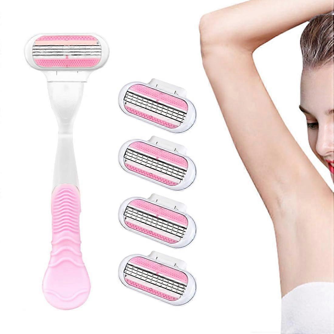 2In1 Razor for Women Pink Handle, Includes 4 Refill Blades, 3Layer Pivot Head, Washable and Easy to