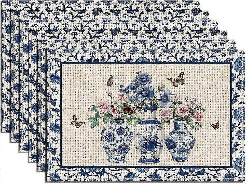 6Pcs Classical Chinese Vase Table Cloths 17.7x11.8 Inch Rectangle Floral Patten Table Placemats for Dining Table Decor Seasonal Spring Summer Polyeste