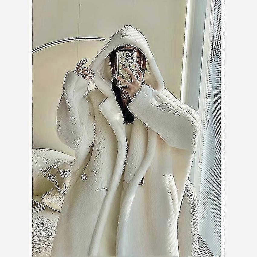 Winter Damen Lockerer Lammwollmantel mit Baumwollfutter, Kapuze, Maillard-Muster, Kamel 2024