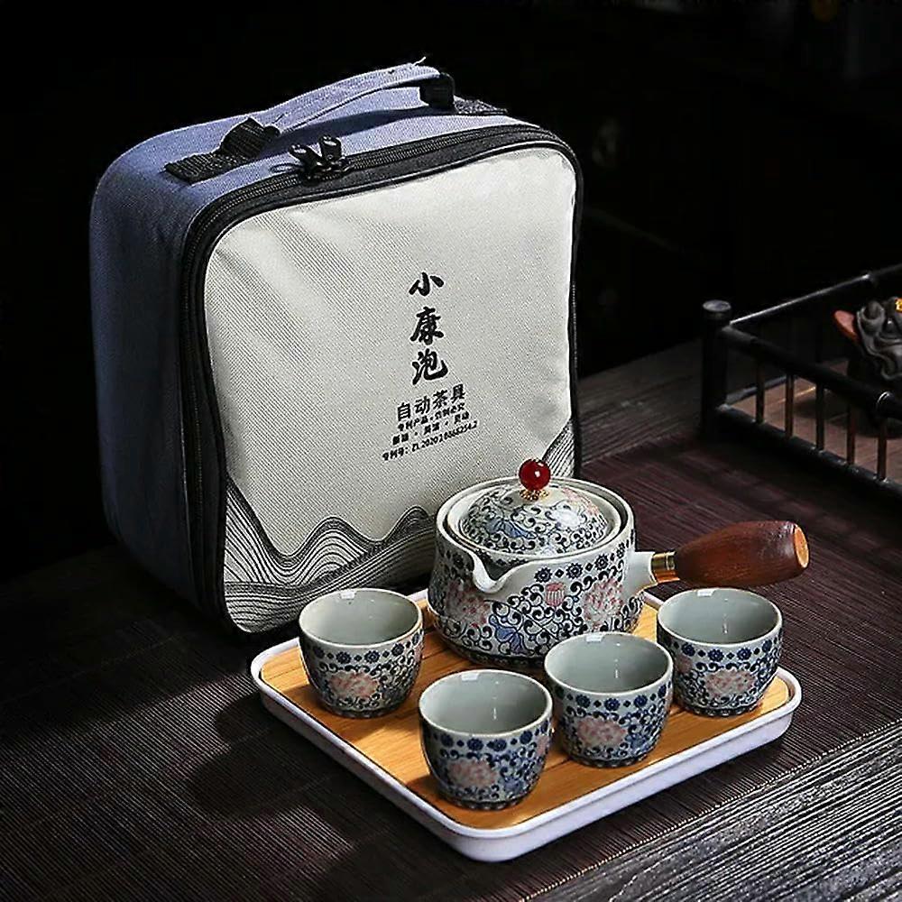 Portable Porcelain Gongfu Tea Set with 360° Rotating Infuser Teapot and Cups for Traditional Chinese Tea Ceremony