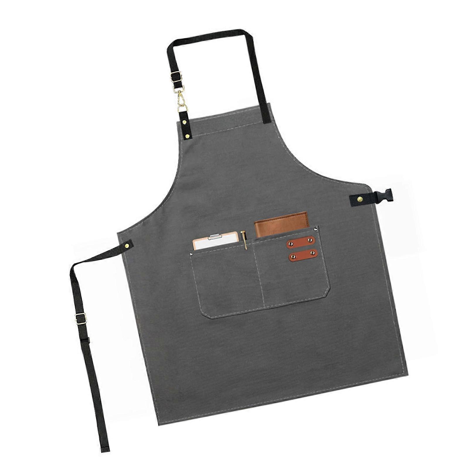 Multifunctional Canvas Work Apron Stain Oil Resistant Design Multiple Tool Pockets Comfortable For Food Service  Gray