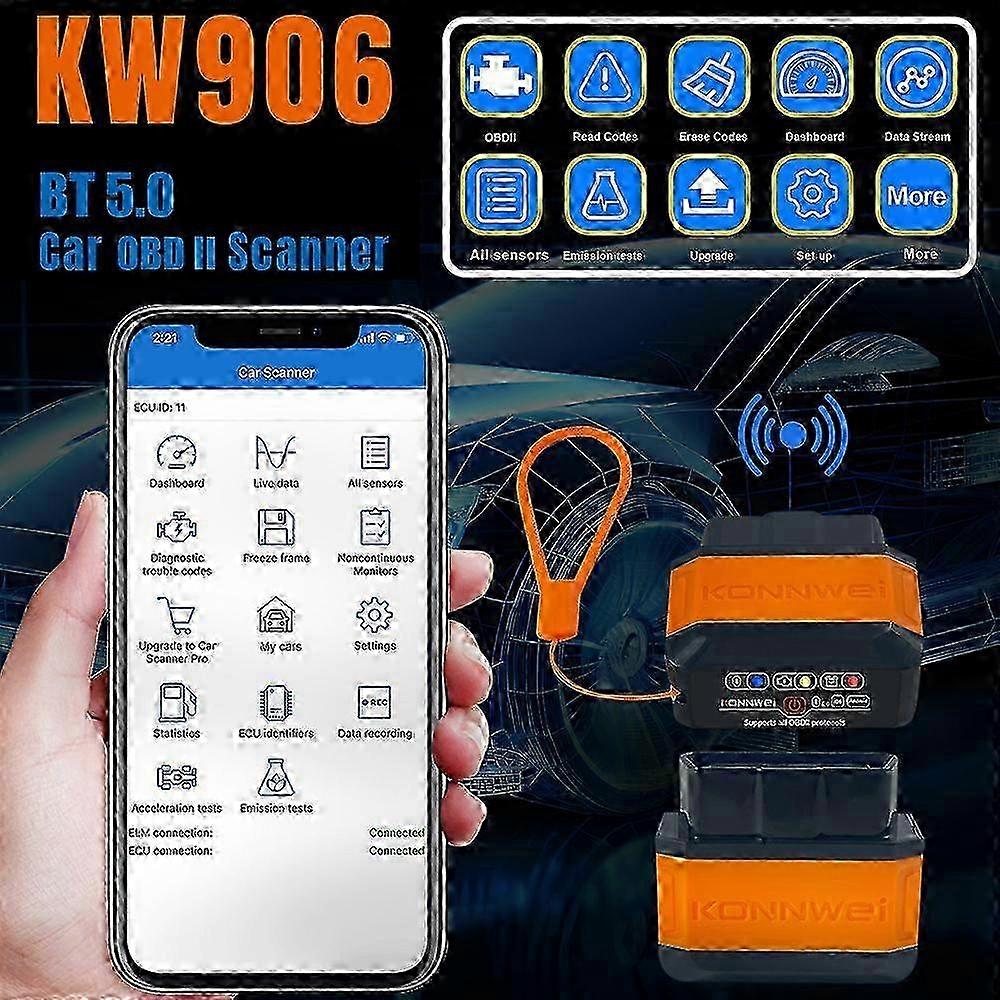 KONNWEI KW906 BT 5.0 Wireless OBDII Car Auto Diagnostic Scan Tools Car Detector Tester Scanner for IOS Android System, Black