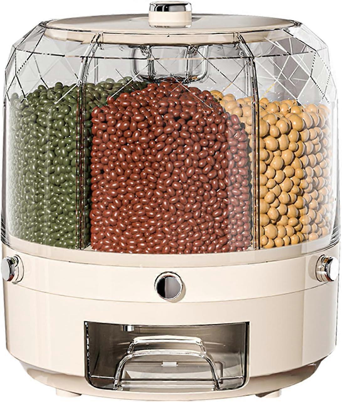 360Degree Rotating Round Dry Food Jar Transparent Grain Storage 6Compartment PushButton Dispenser Cereal Rice Lentils