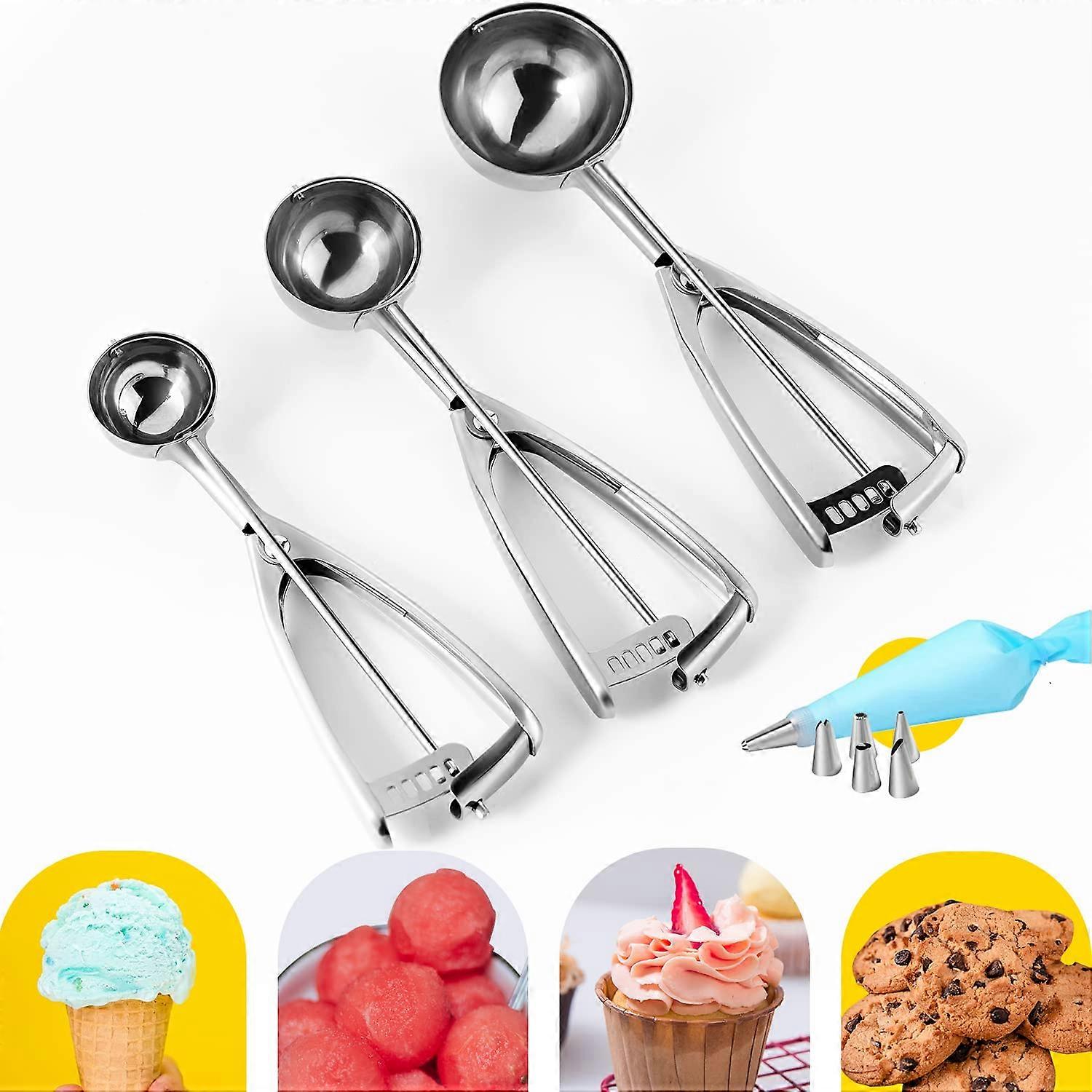 Cookie Scoop Set and Ice Cream Scoop, 3 PCS Stainless Steel with Trigger Release for Baking,  Decorating Tools