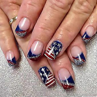 4th of July Press on Nails Medium Square Fake Nails Independence Day Patriotic Red Blue White Glitter French Star Flag Designs Acrylic False Nails wi
