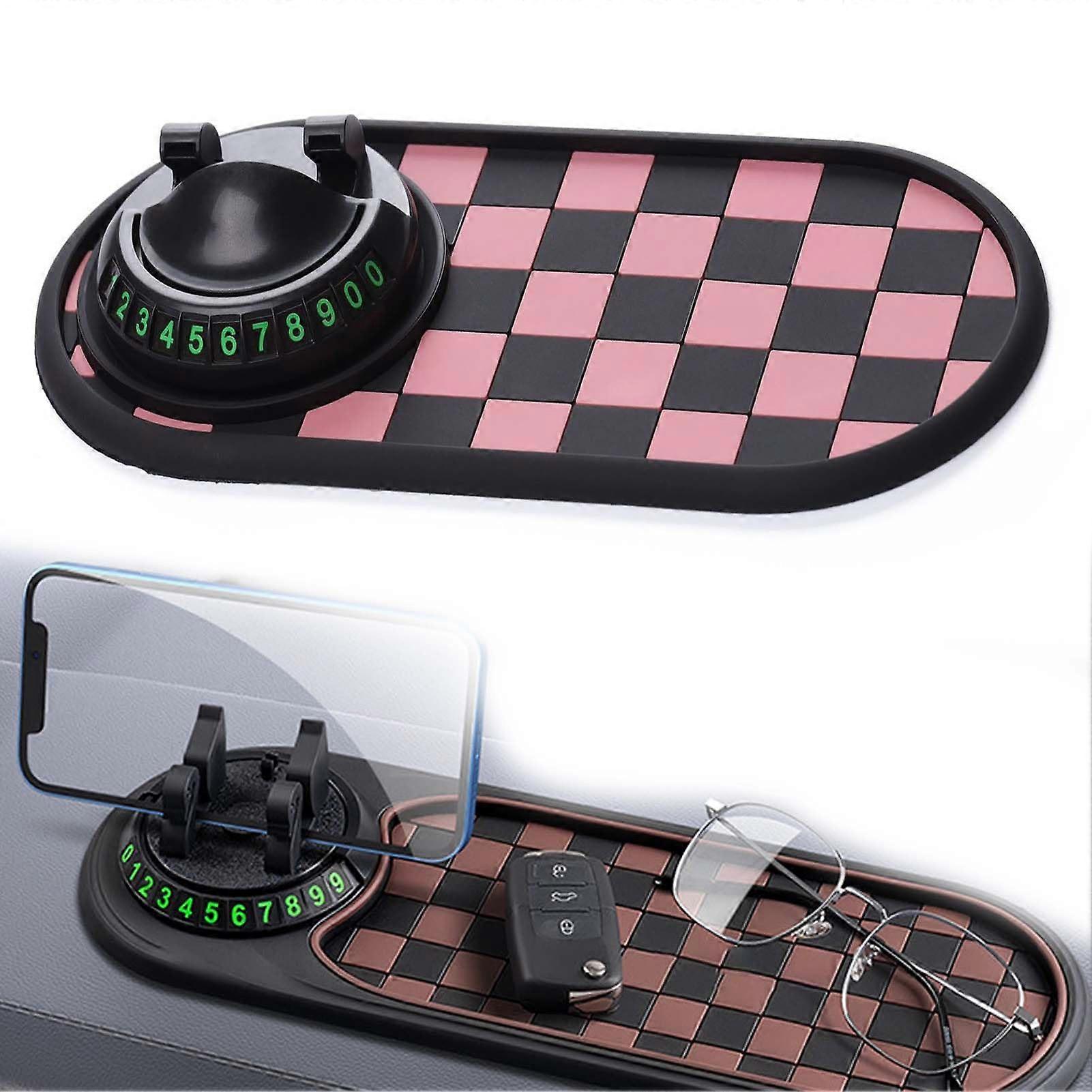 Universal Car Phone Holder with Anti Slip Dashboard Mat, 360° Rotating Mount and Parking Number Plate (Pink)