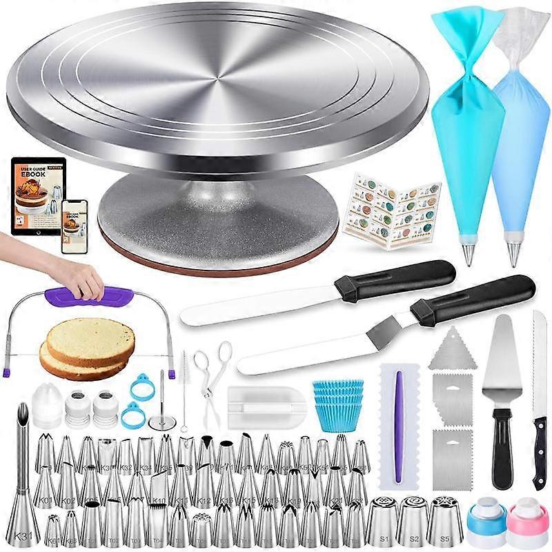 253 count Cake Decorating Kit, 12"  Alloy Cake Turntable, 48 Numbered Icing Tips, 3 Russian Piping Nozzles, Offset and Straight Spatulas, Ca