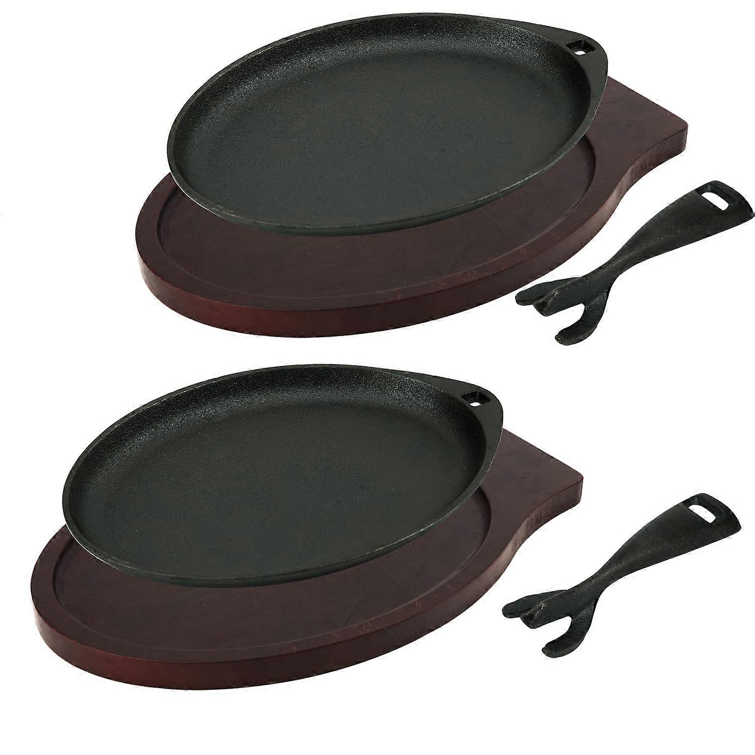Cast Iron Skillet Set with Wooden Base, PreSeasoned Fajita Pan with Removable Handle for BBQ