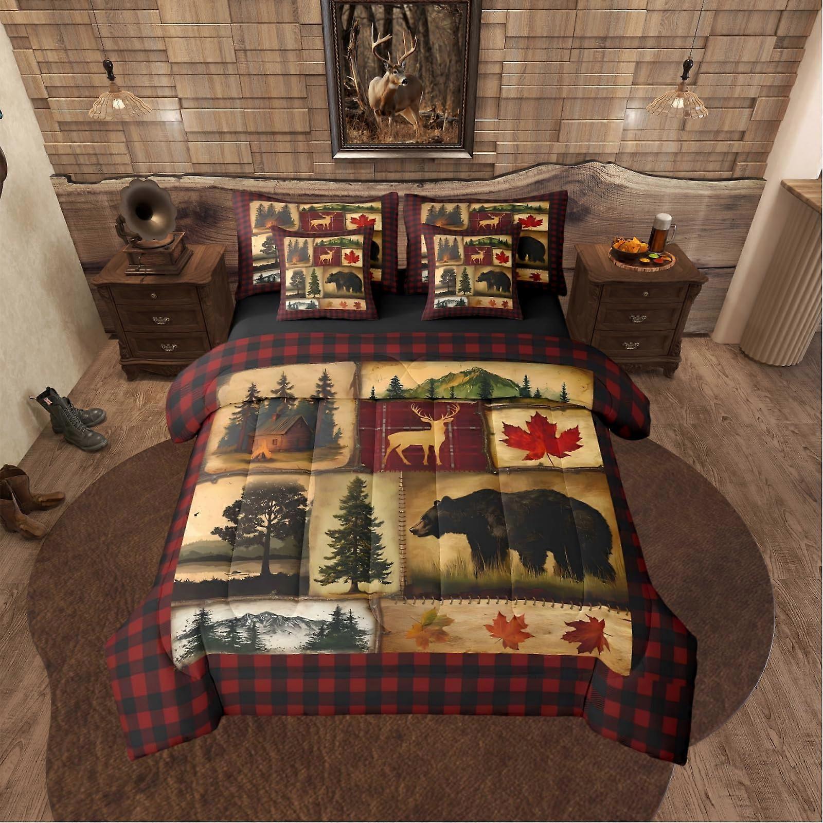 Queen Comforter Set 7 Piece Rustic Lodge Cabin Bedding with Deer Plaid and Pine Tree Design Ref:8582