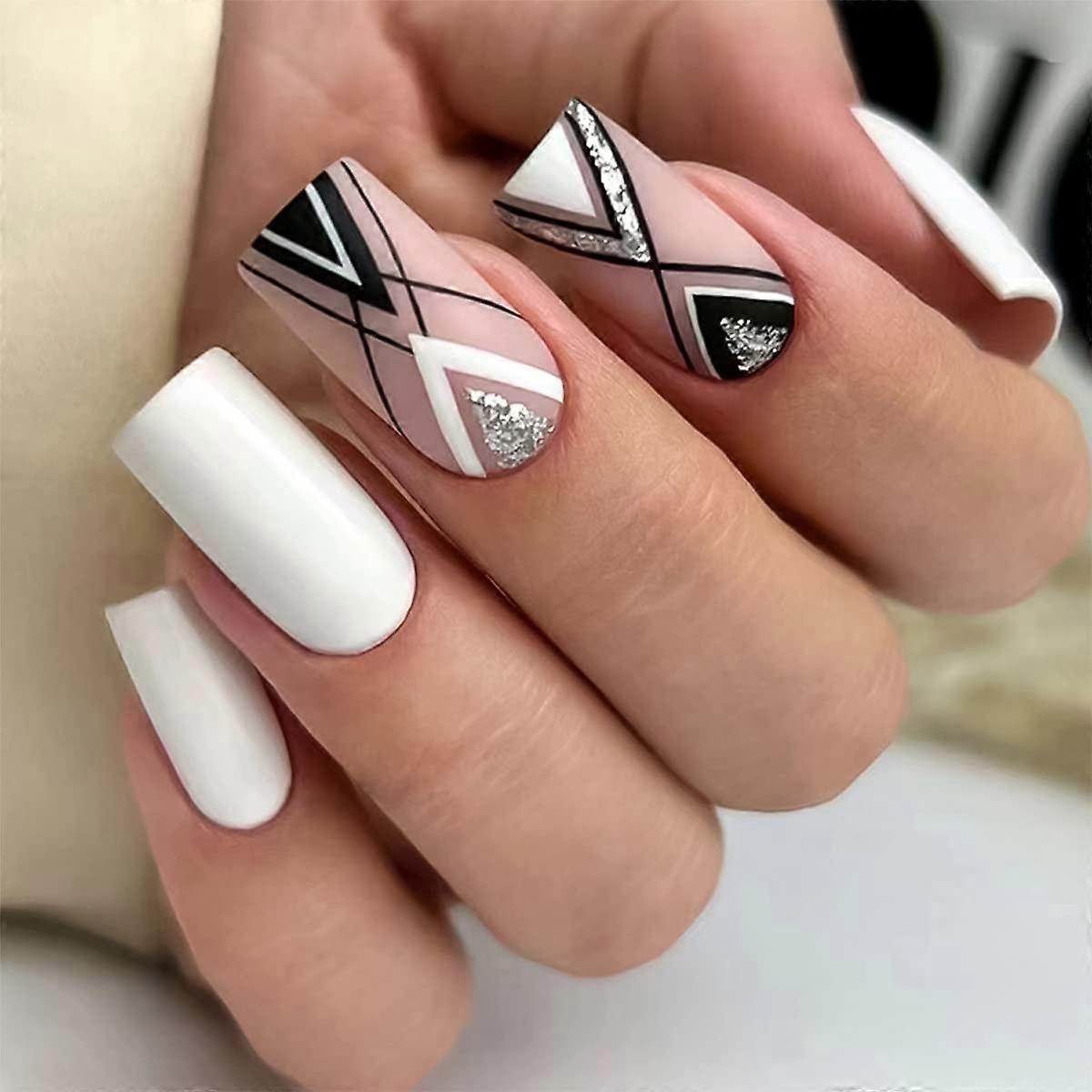 Black and White Press on Nails Medium Square Glitter Fake Nails with Triangular Design 24PCS