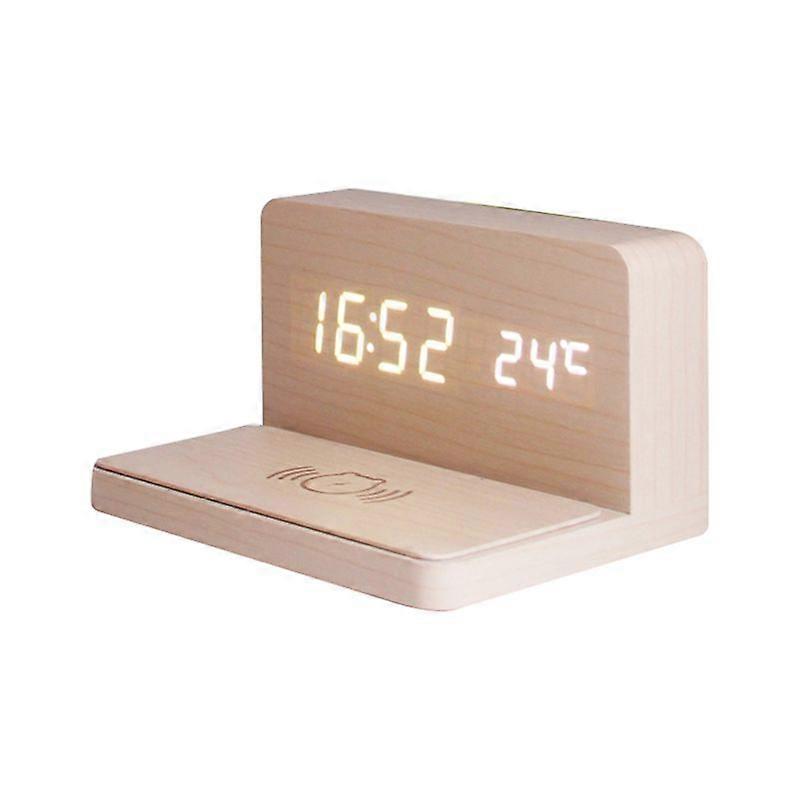 10W LED Wireless Charging Alarm Electronic Clock Thermometer-Bamboo