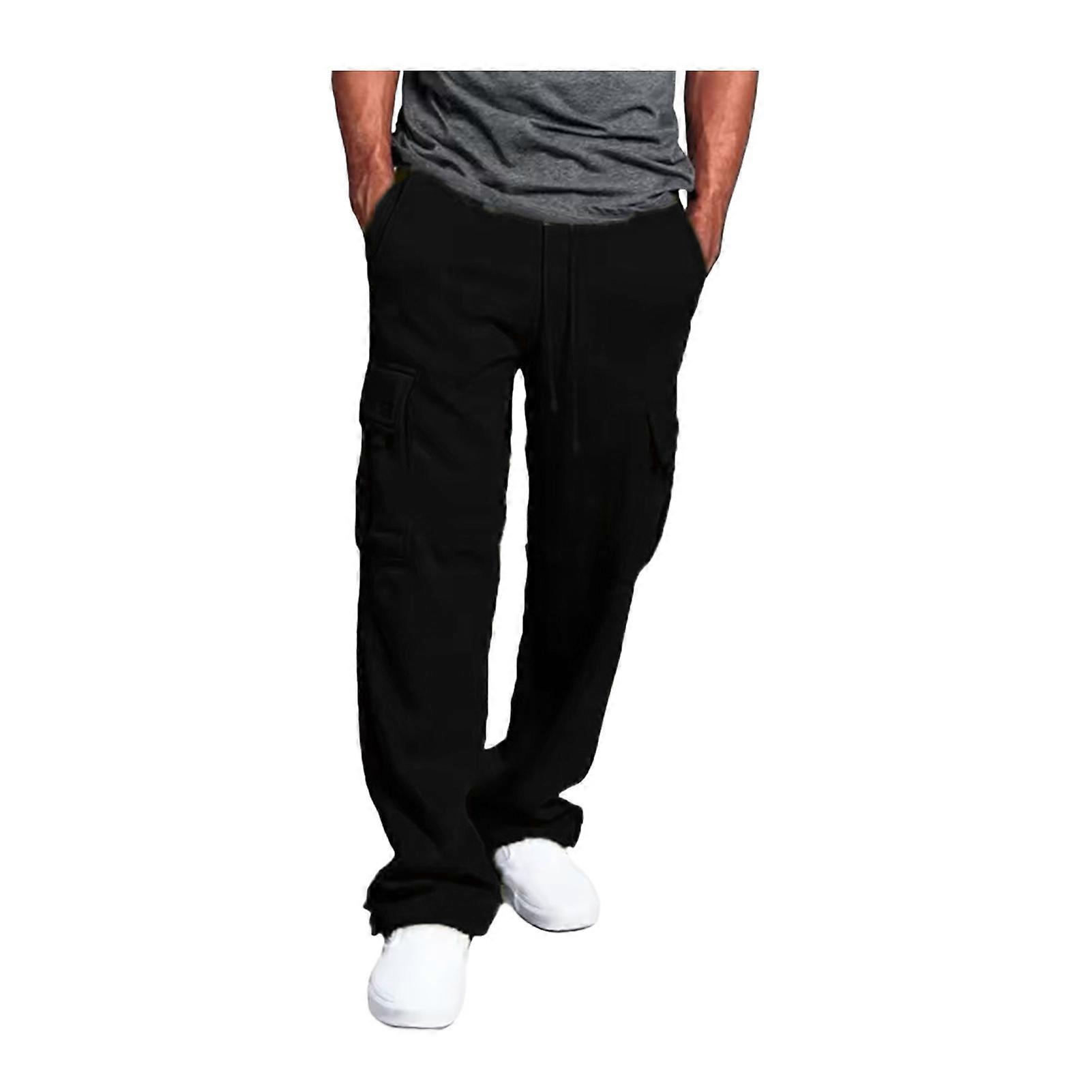 Men Spring Fall Pants with Multi Pockets Drawstring Elastic Waist Wide Leg Plus Size Sweatpants