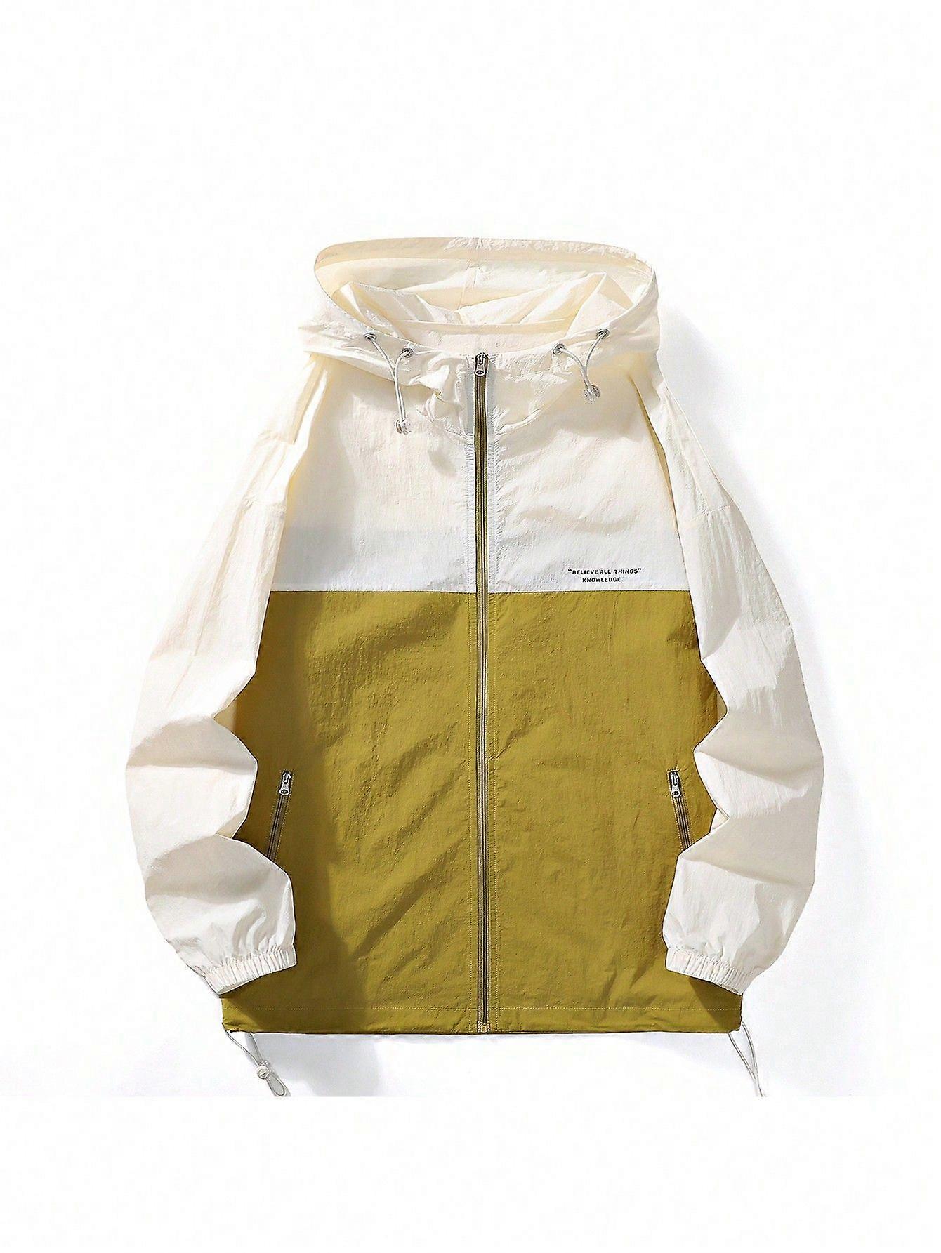 Men Colorblock Drawstring Hem Hooded Jacket