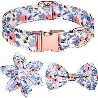 Dog Collar With Detachable Bow Tie And Engraved Floral Design, Dog Collar With Rose Gold Buckle, Medium Large Dogs In 3 Different Styles (s, Blue)