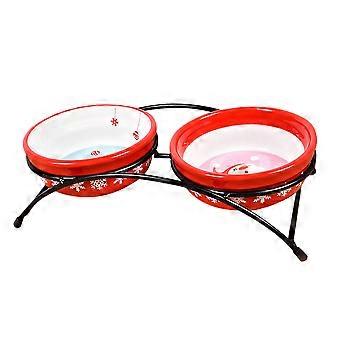 Dual Use Ceramic Cat Bowls Pet Water Food Bowls with Non-Slip Holder Red