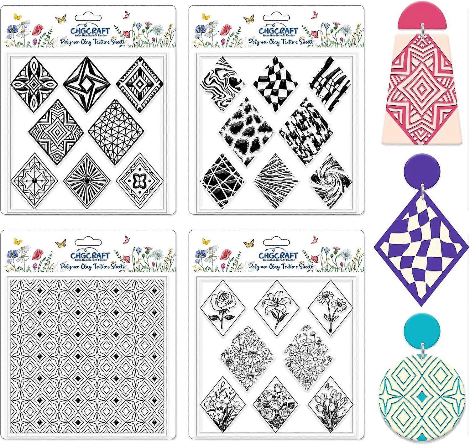 4 Pcs Rhombus Pattern Polymer Clay Texture Sheets Abstract Art Silicone Texture Stamp Rhombus Flowers Modeling Pattern Pad