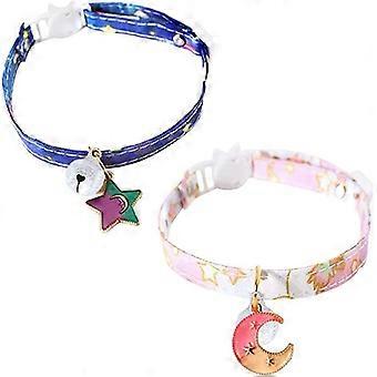 2 adjustable cat collars with quick release buckles (pink moon and blue stars 8-16cm), detachable cat collars with bells, cute moon and star cat colla