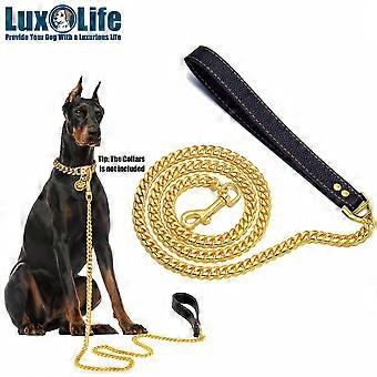 Dog Leash, Gold Stainless Steel Cuban Link with Leather Handle, 3ft/4.3ft for Small Medium Large Dogs