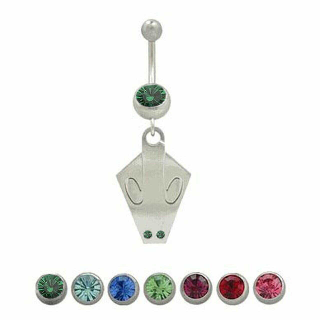 14G belly button ring surgical steel dangling tribal etched design with cz jewel