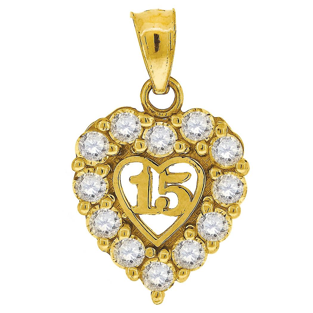 10KイエローゴールドレディースキュービックジルコニアCZスウィート15ラブハートチャームペンダントネックレス女性用18.7x11.30mmワイドペンダント