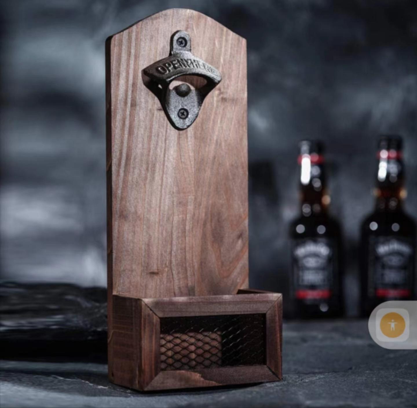 Bottle Opener, Wooden Bottle Opener, with Cap Catcher, Vintage Style, Wall Mount Bottle Opener for