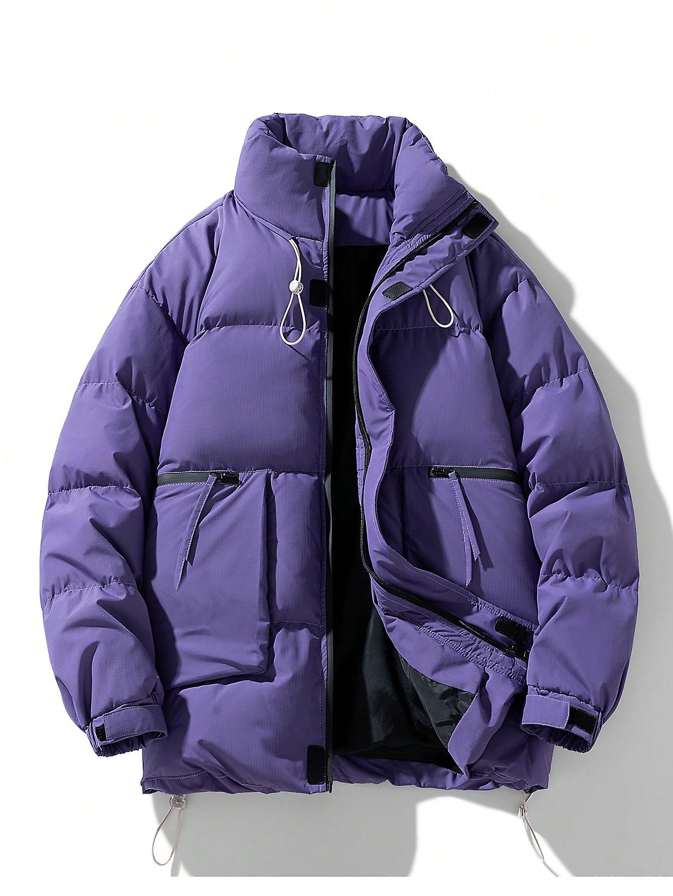 Men Drawstring Hem Zipper Puffer Coat