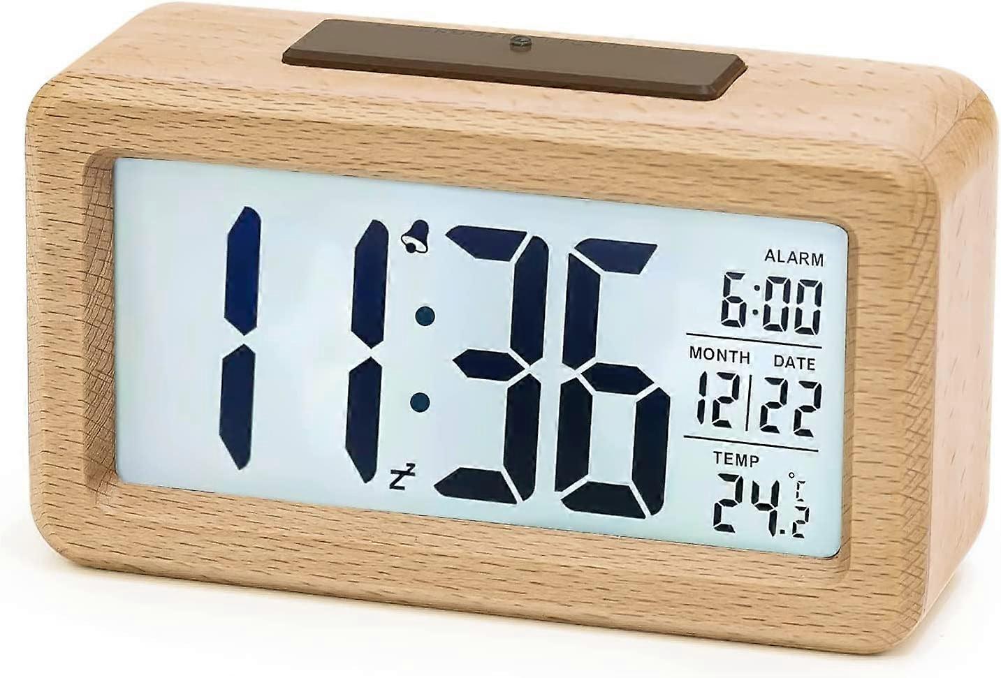 Digital Alarm Clock, Wooden Bedside Clock with Large LCD Backlit Display, Temperature, Snooze Function, Brightness Sensor