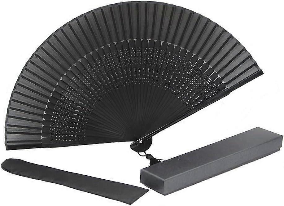 Silk Folding Fan,Japanese Vintage Retro Style Handmade Silk Black with a Fabric Sleeve and Tassels for Home Decoration Dancing Easter Gift