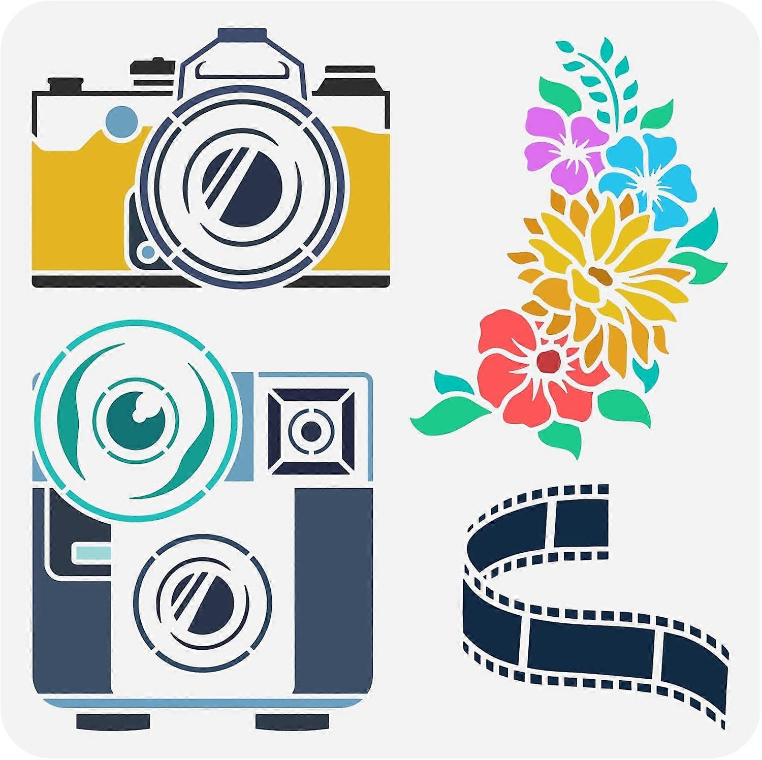 Camera Stencil for Painting 11.8x11.8inch Reusable Flower Camera Drawing Template DIY Craft Retro Camera Film Stencil for Painting on Wood Wall Fabric