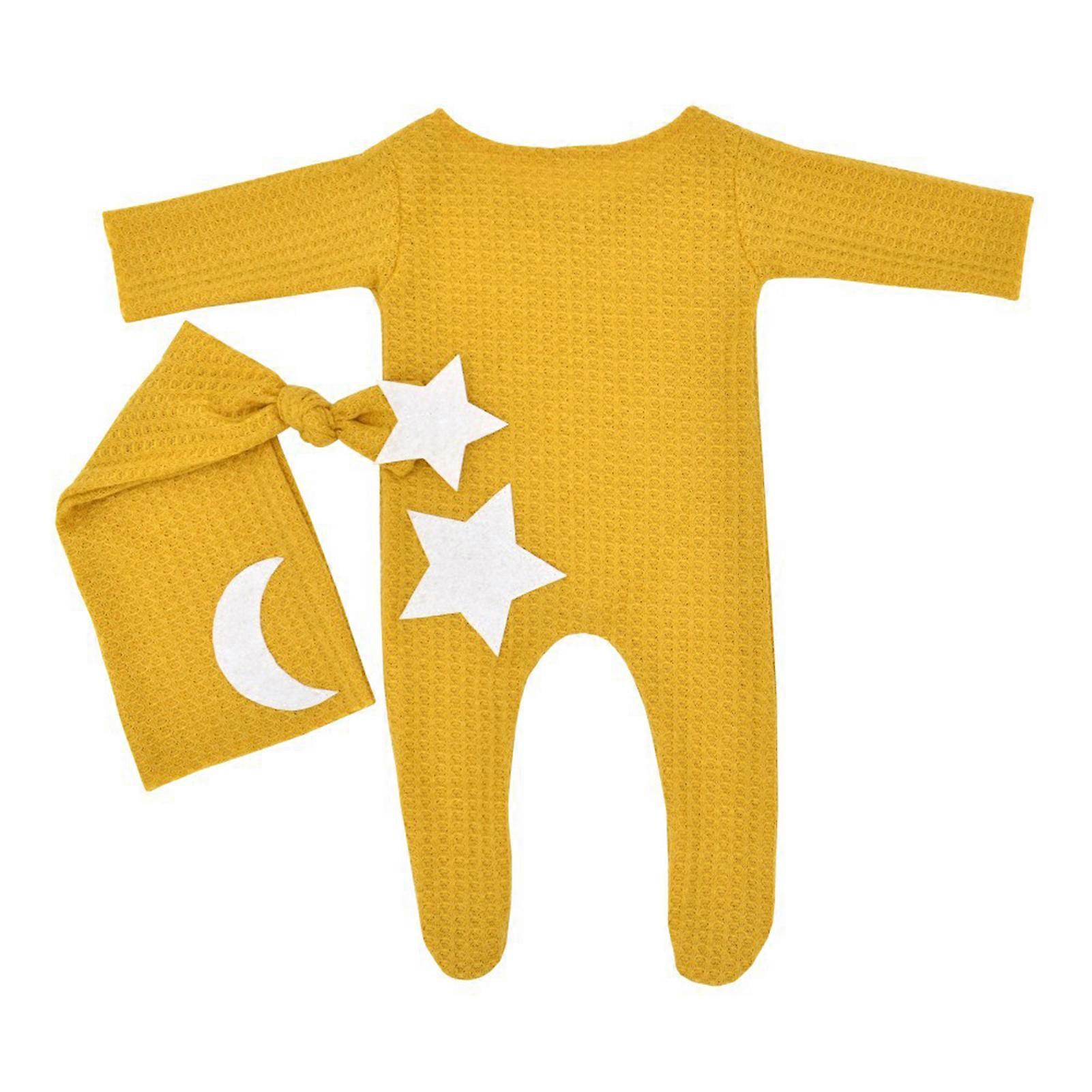 2Pcs/Set Toddlers Romper Moon Star Pattern Decor Photo Accessories Knitted Fabric Newborn Footed Bodysuit Hat Photography Costume Set