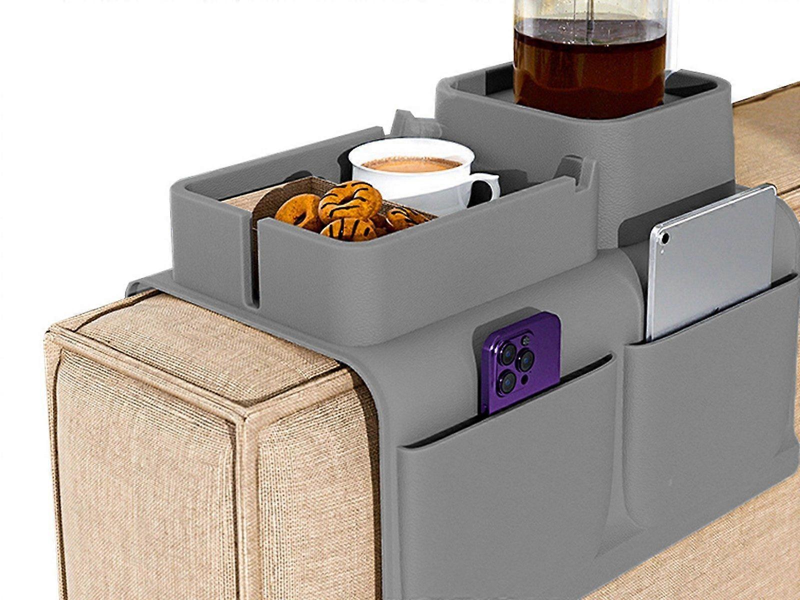 Couch Cup Holder Tray Silicone Sofa Armrest Tray with Side Pockets - Grey
