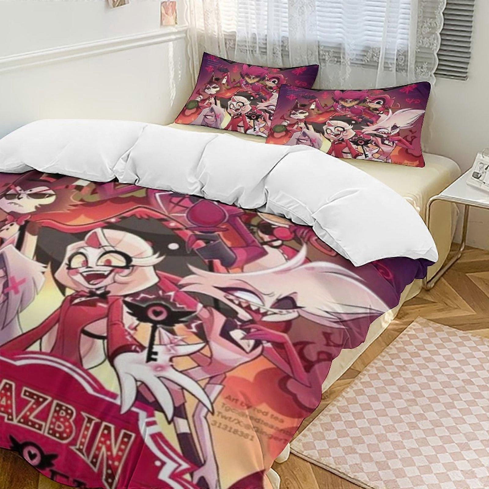 v258 Hazbin Hotel 2 Cama Capa de Edredom Conjuntos de Cama de Microfibra Conjuntos de Edredom Leve de 3 Peças, 1 Capa de Edredom e 2 Fronhas para Crianças aa258