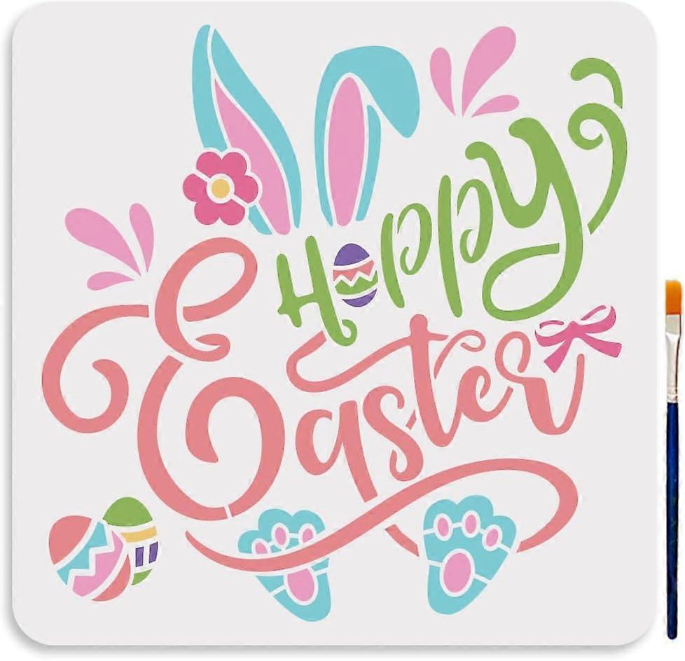 Large Happy Easter Stencils 11.811.8inch Reusable Easter Bunny Eggs Painting Stencils with Paint Brush Square Easter Theme Drawing Template for Easter