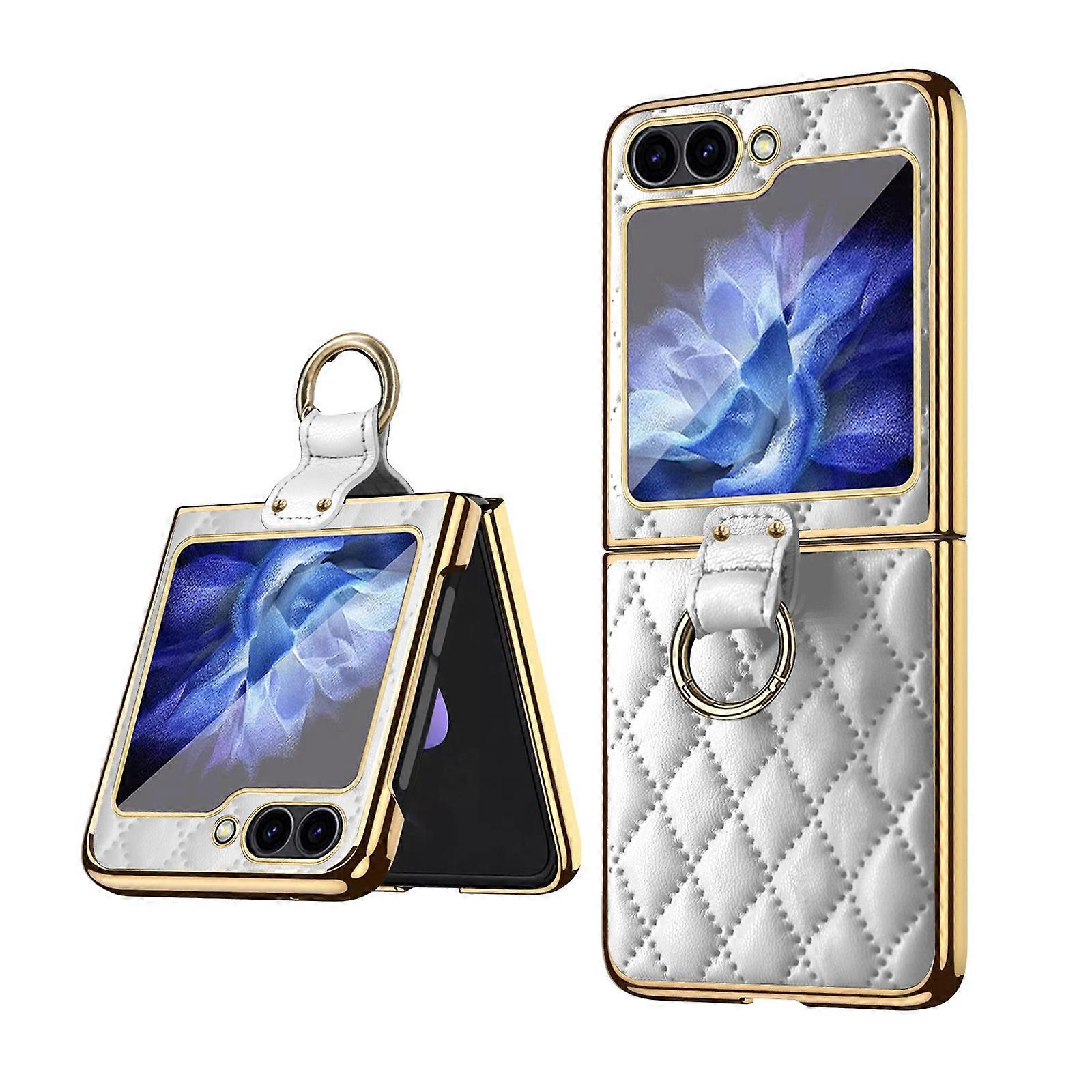 Z Flip 6 Case with Ring Holder, Soft Lozenge Leather Back Cover with Electroplating Hard Frame + Full Camera Screen Protector Cover for Z Flip6