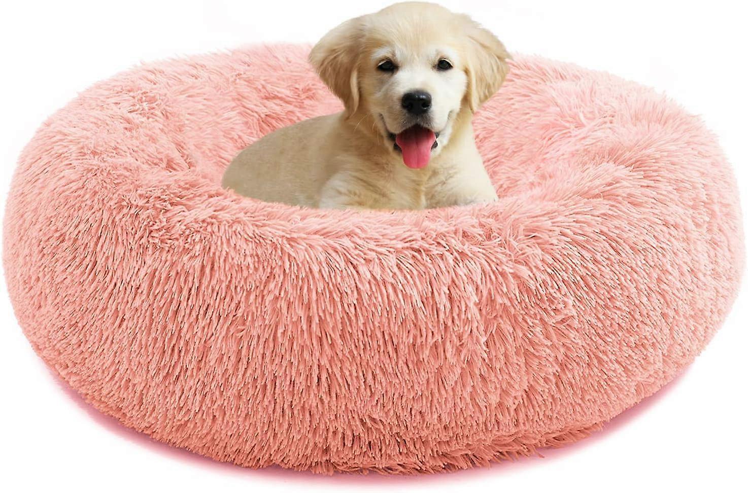 Dog Bed, Donut Cat Bed, Fluffy Calming Pet Bed with Removable, Washable Cover, Soft Long Plush, 60 cm, Pink