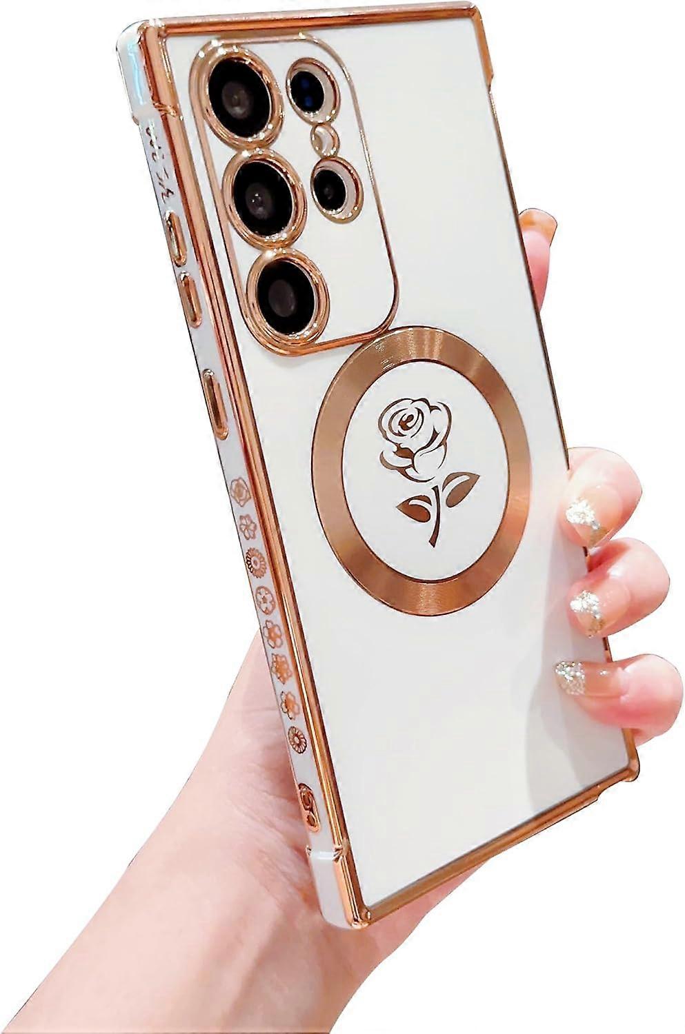 MagSafe Cute Rose Flower Luxury Plating Shockproof Case for Samsung Galaxy S24 Ultra Magnetic Silicone Bumper