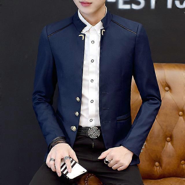 بدلة رجالية كاجوال جديدة للربيع 2023 بياقة واقفة وأزياء شبابية بلون سادة وخياطة بثلاثة أزرار