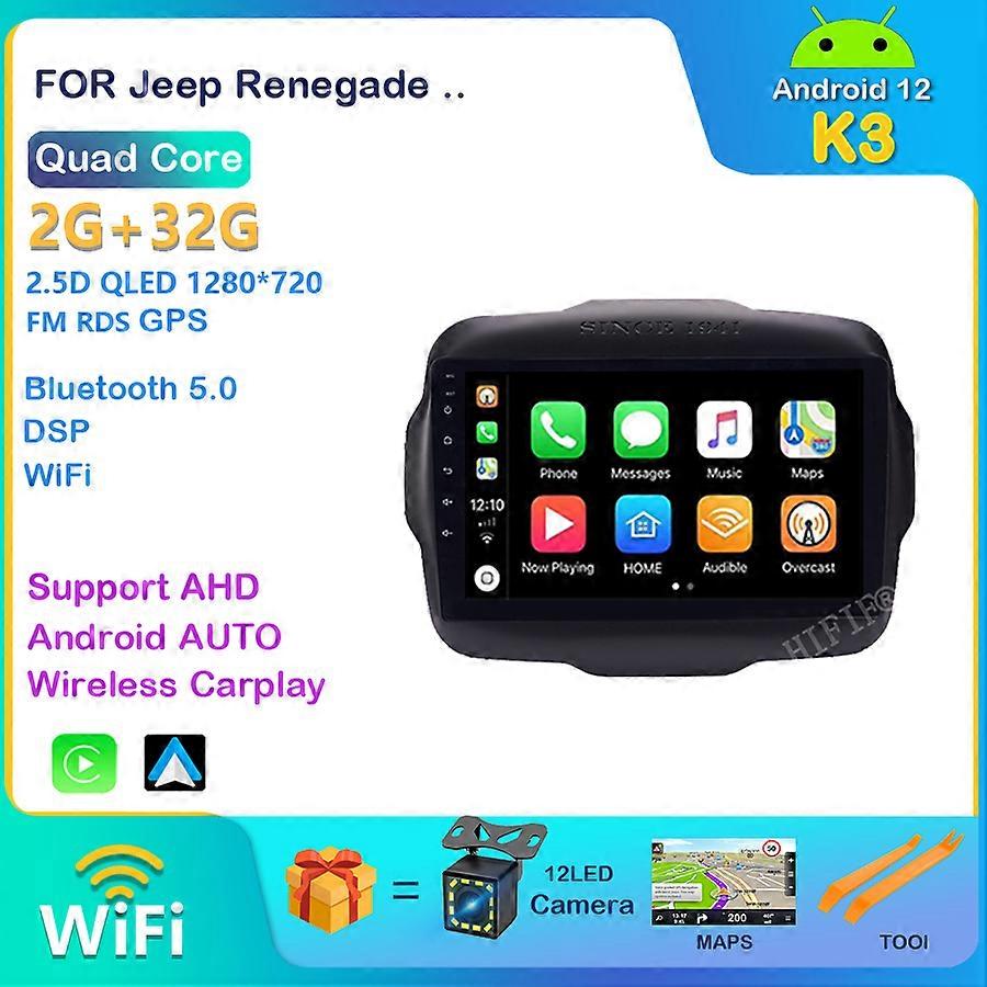 Android 12 2 Din Car Radio For Jeep Renegade 2016 2017 2018 2019 2020 AHD Cam 9'' GPS Navigation AM Car Multimedia Player