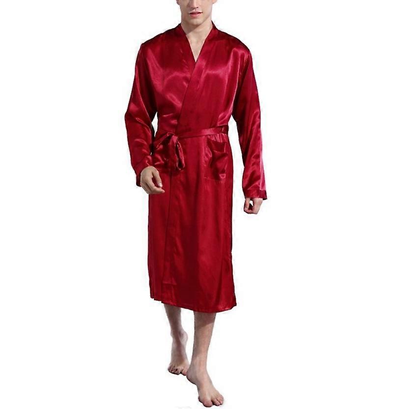 Men's Solid Color Robe with thin Glossy Satin Bathrobe-Red