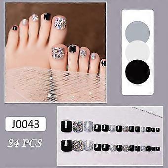 24pcs/box nep teennagels met kristal strass decor afgewerkte pers op teennagels Japanse zomer draagbare voet nepnagel