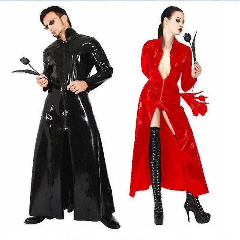Röd Svart Latex Catsuit PVC Läder Catsuit The Matrix Kostym Gay Latex Kostym Töjbar Spandex Lack Läder Lång Kappa