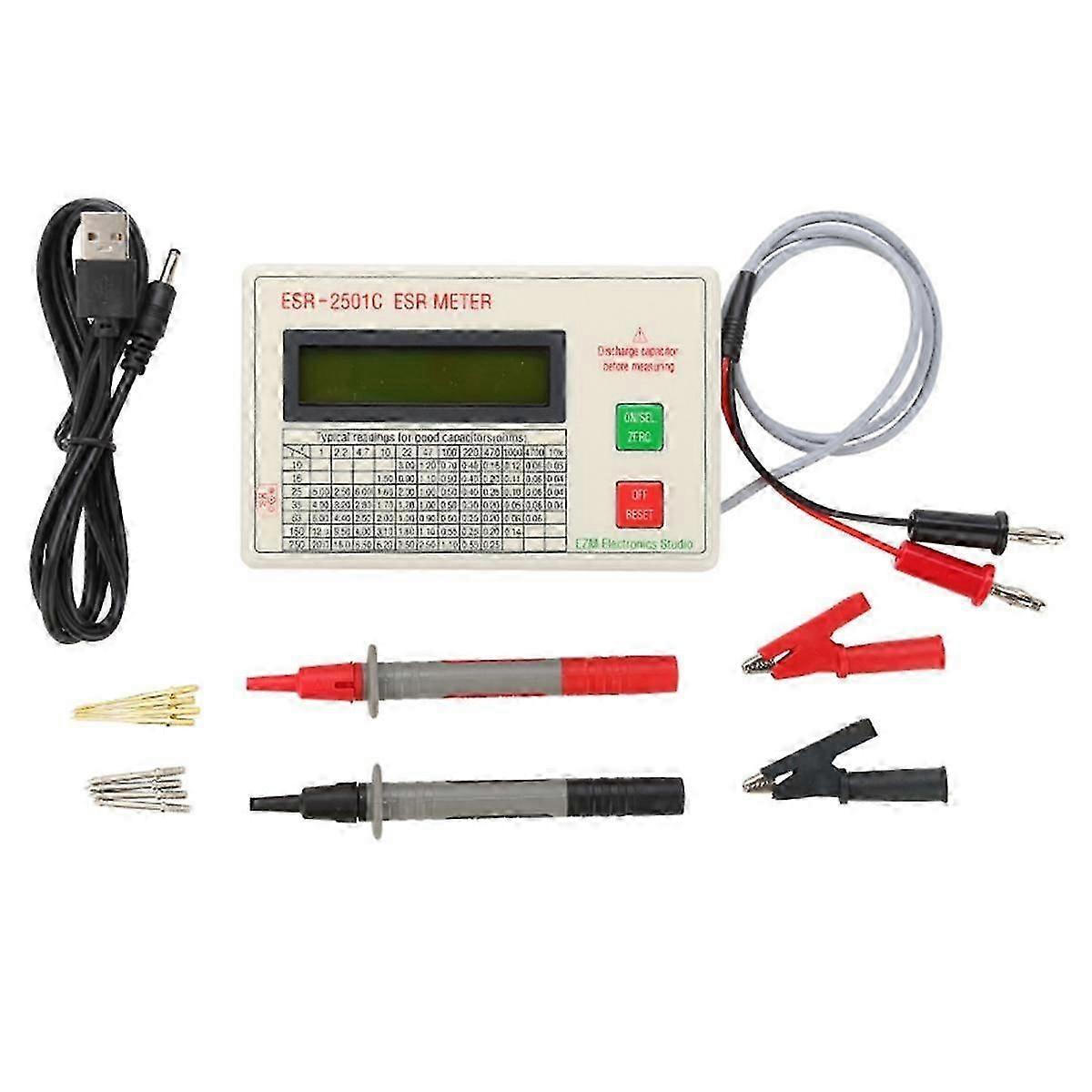 New ESR2501C Capacitor ESR Tester Test in Circuit Capacitance Meter with Test Leads Clip Battery