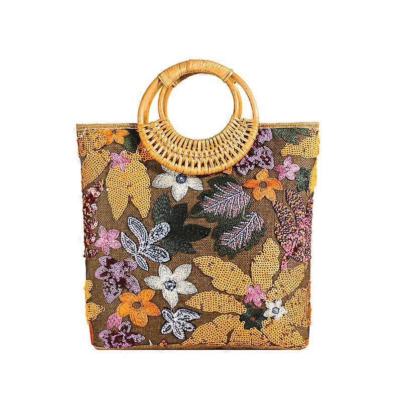 Large Capacity Flower Leaves Sequin Handbag with Retro Glitter and Fashion Embroidery in Multicolor Design