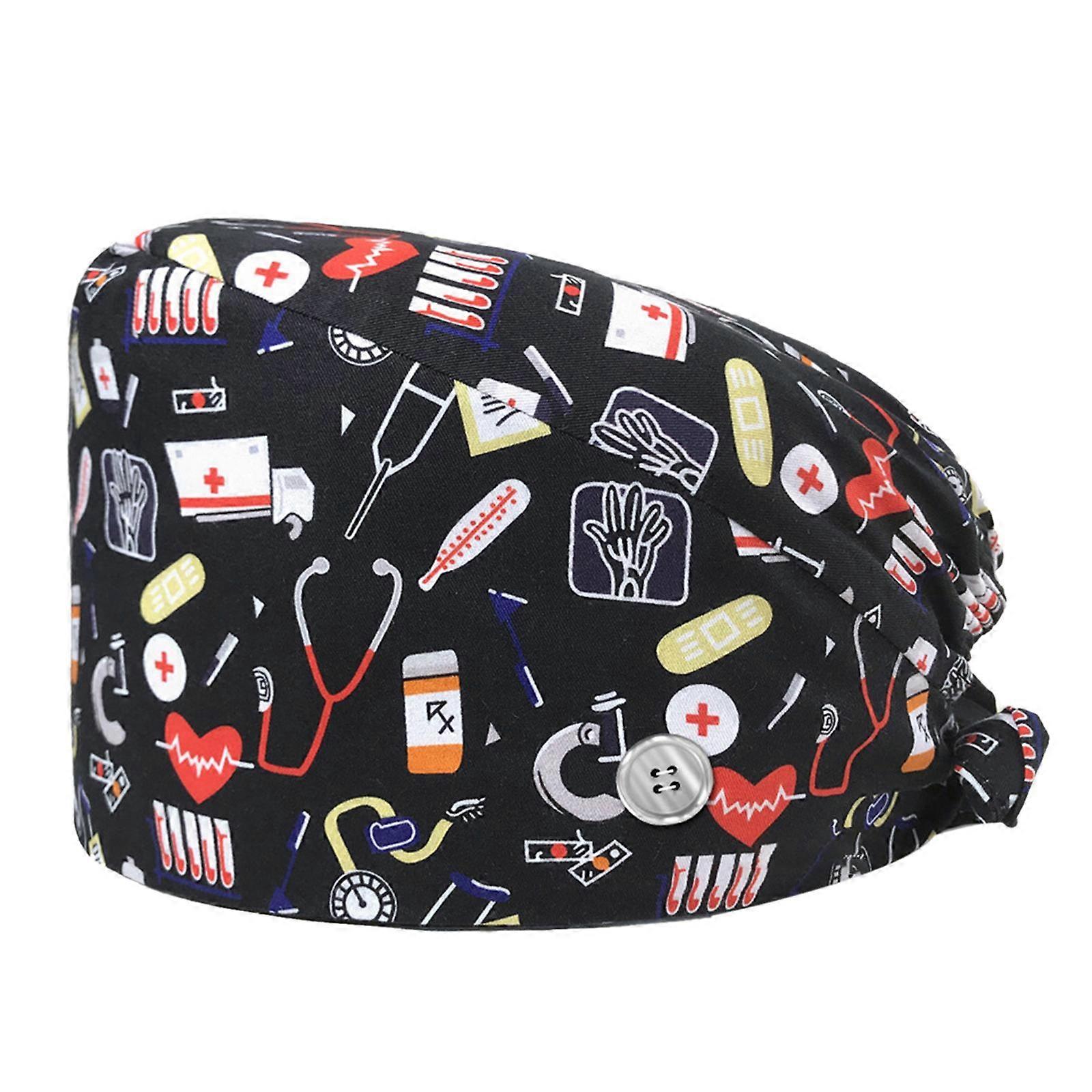 Cute Cotton Printed Working with Button Sweatband Adjustable Tie Back Bouffant