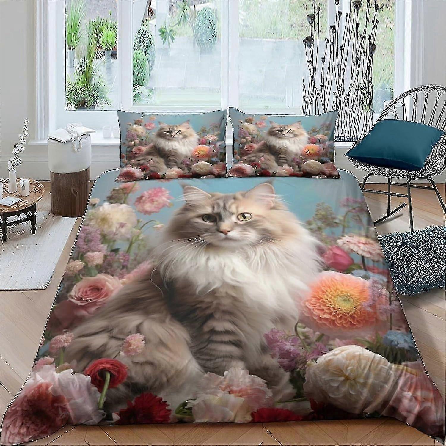 o3518 Lençóis Conjuntos de Cama de Gato Animal 3D Capa de Edredom Conjunto de Capa de Edredom para Crianças Decoração Capa de Colcha Conjunto de 3 Peças com Fecho de Zíper Microfibra Macia